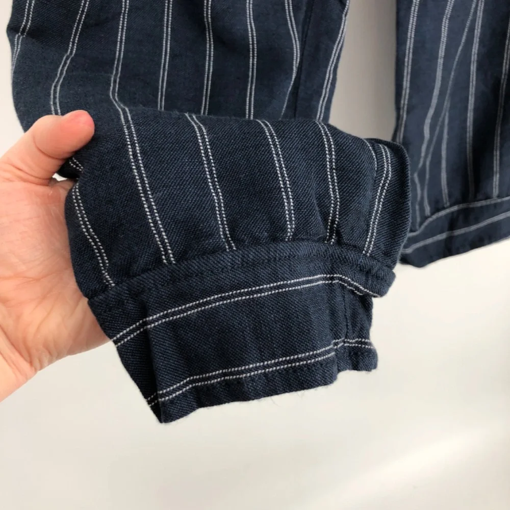 Banana Republic‎ Womens Avery Linen Crop Pant Size 0 Tie Waist Blue Stripe Coast